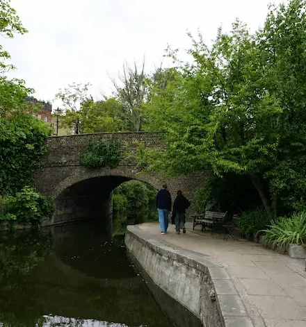 Peaceful canal path with trees and surrounding buildings